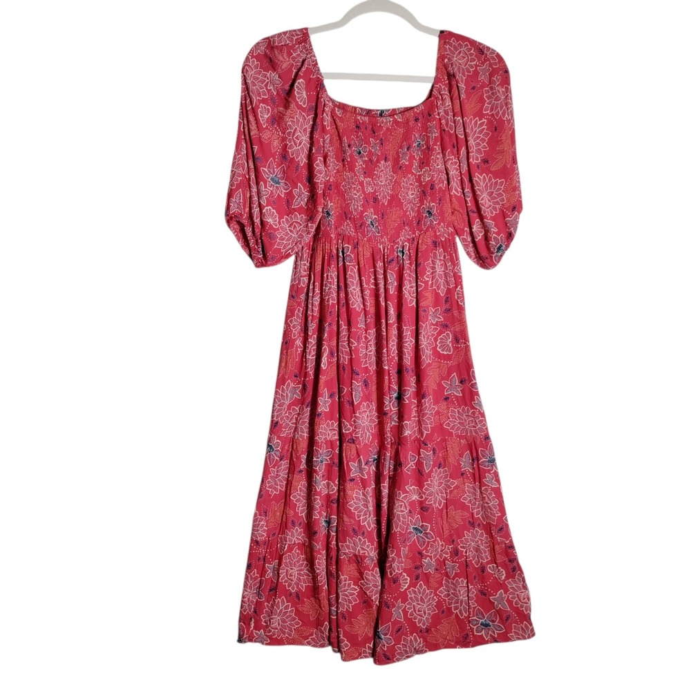 Angie Women Pink Floral Smocked Tiered Midi Dress Puff Sleeve Rayon Large